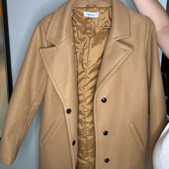 John + Jenn Griffen Camel Woven Tan Exposed Front Snap Closure Coat size Medium - Picture 12 of 14